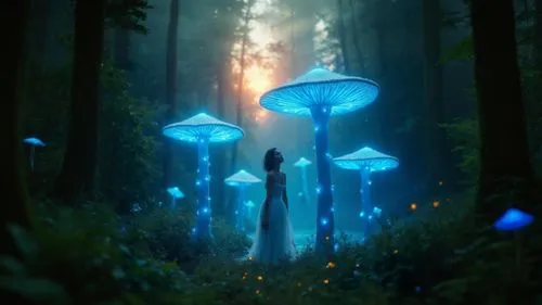 mushroom landscape,mycena,fairy forest,blue mushroom,fairy world,forest mushrooms