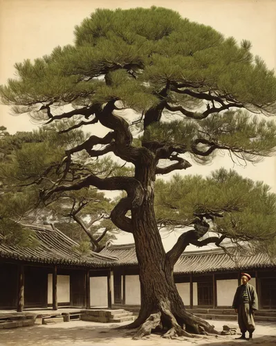 A man stands beside a large lacebark pine (Pinus bungeana) in Qufu, Shangdong in September 1907.,the japanese tree,changgyeonggung palace,silk tree,changdeokgung,daitō-ryū aiki-jūjutsu,hyang garden,gy