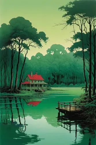 green landscape,house with lake,yiping,japan landscape,lake tanuki,forest landscape,forest lake,forest house,house in the forest,green trees with water,green forest,golden pavilion,evening lake,tasik,landscape background,haiping,river landscape,an island far away landscape,midorikawa,home landscape,Illustration,Retro,Retro 25