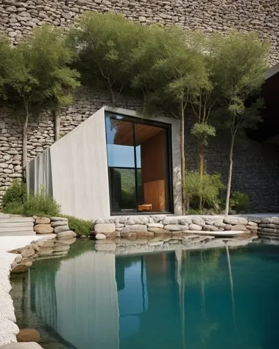 DISEÑO EXTERIOR DE UNA CABAÑA ESTILO MINIMALISTA, A BASE DE UNA ESTRUCTURA DE ACERO, FORRADA CON LAMINA DE ACERO, TROQUELADA NEGRA, CON UN VENTANAL PANOMRAMICO, SOPORTADA POR UN MURO DE PIEDRA, QUE CO