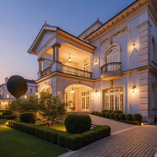 A baroque palace style luxury residential building
Manor landscape and driveway,a house with two story and green lawn in front of it,mansion,luxury home,luxury property,palladianism,beautiful home,ben