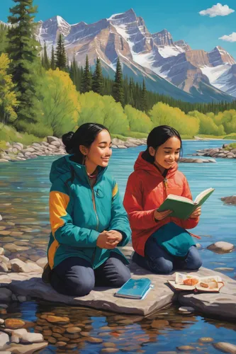 bannock,maligne lake,lake minnewanka,indigenous painting,maligne river,west canada,painting technique,yukon territory,jasper national park,banff national park,church painting,banff,cooking book cover,canadian rockies,woman holding pie,children studying,canada,banff alberta,alberta,lake louise,Illustration,Paper based,Paper Based 16