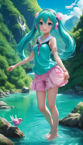 a cartoon woman stands in a river next to a bird,mermaid background,hatsune miku,matoika,ponsana,lum,hatsune