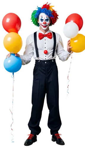 Creepy clown, male, sinister smile, red nose, white face paint, colorful wig, oversized shoes, baggy pants, suspenders, holding balloons, menacing gesture, dim lighting, shallow depth of field, cinema