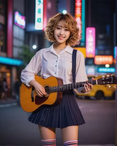 Ai Kirishima, Japanese idol, sweet smile, big brown eyes, curly blonde hair, gentle makeup, slender figure, white blouse, pleated miniskirt, striped socks, brown loafers, holding a guitar, standing, T