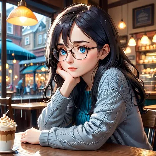 woman at cafe,coffee background,cappuccino,Anime,Anime,Cartoon