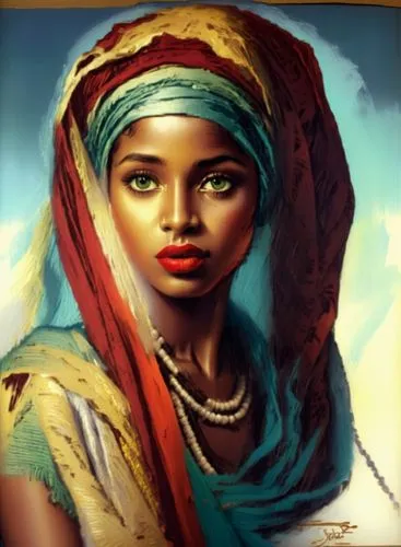 a painting of a woman with head coverings and jewelry,african woman,ethiopian girl,afar tribe,nubian,comorian,nigeria woman,Illustration,Realistic Fantasy,Realistic Fantasy 21