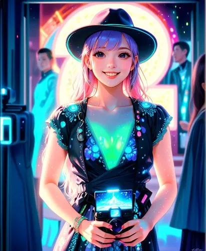 glow in the dark dress , photographer, holdinbg a camera, smiling, skimpy dress,an image of a pretty girl in a hat holding her phone,luminous,camera illustration,futurepop,miu,joo,fashionable girl,Ani