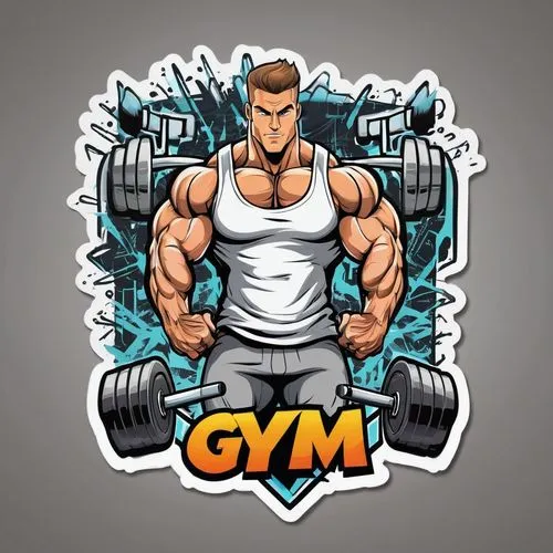 a cool cartoon bodybuilder man, graffiti, written GYM vector sticker art written GYM, GYM t-shirt design, Light Pure background with sign written: [GYM],muscle icon,gim,bodybuilder,clipart sticker,bod