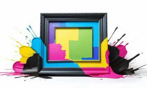 frame cmyk,a painting in black frame with paint splatters on it,crayon frame,color frame,cmyk,watercolor frames,decorative frame,watercolor frame