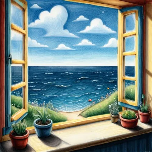 window with sea view,ocean view,seaside view,sea view,sea landscape,windowsill,bedroom window,window covering,ocean background,sea breeze,window to the world,window view,window,window treatment,window sill,window seat,the window,window curtain,open sea,beach hut,Illustration,Abstract Fantasy,Abstract Fantasy 22