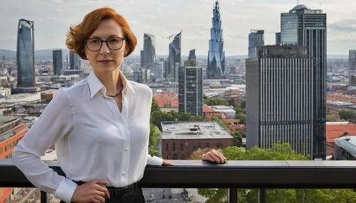 Heroku architecture designer, mature lady, 30s, short hair, glasses, formal wear, white shirt, black tie, black pants, leather shoes, standing, confident pose, hands behind back, cityscape background,