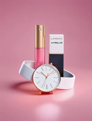 Make-up by Lancome, lipstick by Maybelline, elegant wristwatch inside for women, studio photography, minimal concept.,parfum,women's cosmetics,cosmetics,isolated product image,perfume bottle,tanacetum