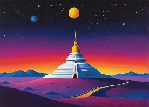 Create a sci-fi adventure where explorers discover a stupa on a distant planet.,stupa,temples,laser buddha mountain,pyramids,somtum,step pyramid,pyramid,russian pyramid,vipassana,kharut pyramid,astral