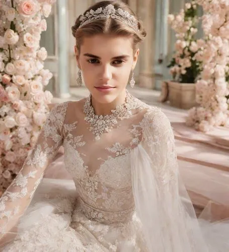 wedding dresses,wedding dress,bridal jewelry,wedding gown,bridal dress,bridal,blonde in wedding dress,princess sofia,bridal clothing,a princess,enchanting,debutante,princess crown,bridal accessory,princess,wedding dress train,fairy queen,bride,diadem,silver wedding,Photography,Realistic