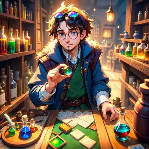 the man is holding a glass that he has put in his hand,apothecary,chemist,herbology,potions,alchemist,watchmaker,alchemists,chemists,shopkeeper,perfumer,pharmacy,potter,candlemaker,alchemy,wizarding,p