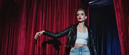 jeans background,xcx,denim background,sel,burlesque,selena gomez,a curtain,revival,red lips,velvet,pleather,jauregui,red background,mdna,red lipstick,cabaret,vampira,femme fatale,stage curtain,jacket,Illustration,Realistic Fantasy,Realistic Fantasy 19