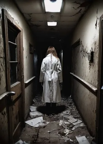 Dark, abandoned asylum, dimly lit corridors, peeling walls, rusty medical equipment, eerie atmosphere, solitary figure, pale skin, messy brown hair, worn-out white coat, stethoscope around neck, fear 