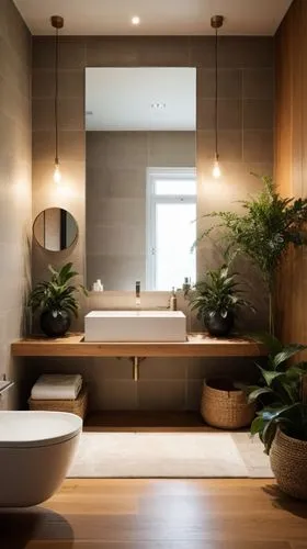 Generate a series of minimalist bathroom images featuring warm wood floors, combined with soft-toned walls, such as beige or gray. The design should have clean lines and plenty of natural light. Use l