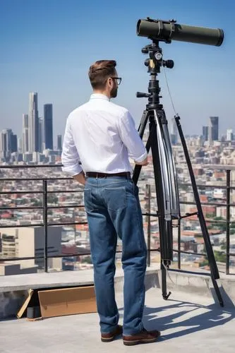 Architecture design, building exterior, modern skyscraper, urban planning, cityscape, surveying equipment, tripod, telescope, measuring tape, clipboard, blueprints, architect, male, 30s, casual clothi