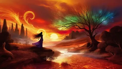 woman holding umbrella standing in front of trees while watching the sun go down,fantasy picture,fantasy art,the mystical path,fantasy landscape,flame spirit,firewind,fireheart,heaven and hell,fire ba