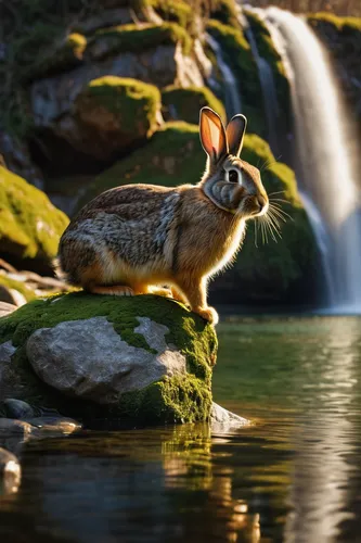 bunny, full body, walking , lake, golden rock, sunlight, green,  waterfall, winter, multiple gold rock, diamond,mountain cottontail,hare of patagonia,european rabbit,lepus europaeus,patagonian hare,eu