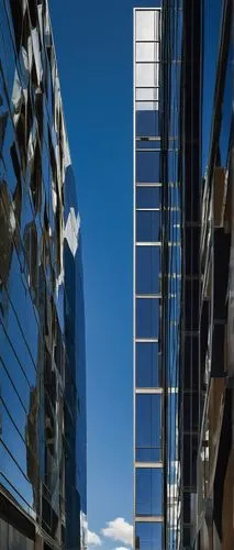 Modern skyscraper, Lee Skolnick architecture style, sleek glass facade, steel beams, angular lines, urban cityscape, metropolitan area, bustling streets, pedestrian traffic, sunny day, blue sky with f