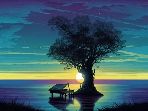 isolated tree,landscape background,lone tree,house silhouette,romantic scene,an island far away landscape,evening lake,tranquility,nature background,silhouette art,beautiful wallpaper,cartoon video ga