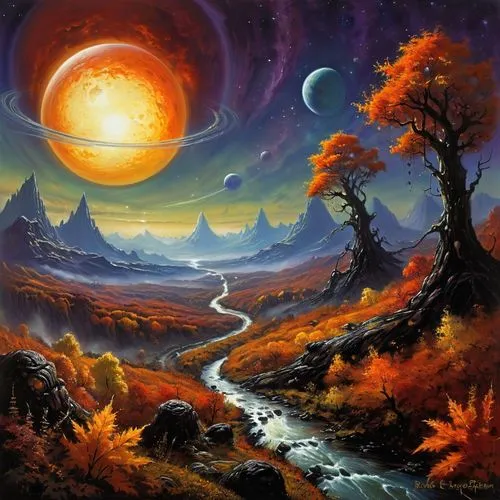 fantasy landscape,fantasy picture,lunar landscape,autumn landscape,alien planet,fall landscape,Illustration,Realistic Fantasy,Realistic Fantasy 32