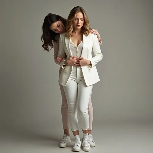 pantsuits,menswear for women,haim,photo shoot for two,white clothing,models