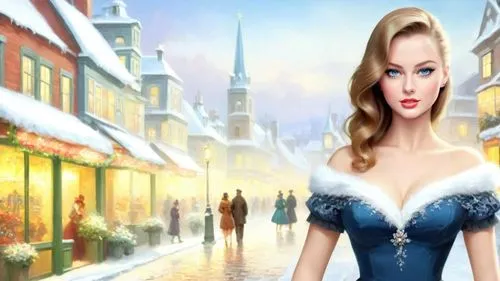 Romantic masterpiece oil painting, dark colors, beautiful busty woman portrait, cocktail dress, nostalgic 1950's style kitsch, picturesque cozy snowy Victorian city landscape, shopping district, winte