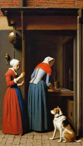 girl in the kitchen,bremen town musicians,girl with dog,woman playing,kennel club,woman hanging clothes,veterinary,woman holding pie,flemish,winemaker,woman with ice-cream,kennel,woman shopping,the sale,the annunciation,playing dogs,the kitchen,bellini,dog cafe,brandy shop,Art,Classical Oil Painting,Classical Oil Painting 41