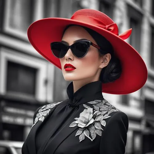 In the heart of the city, a sleek and stylish woman wearing a tailored tuxedo and oversized red hat stands in front of their eyes, holding a stylish display. Her dress billows in the breeze, and she w