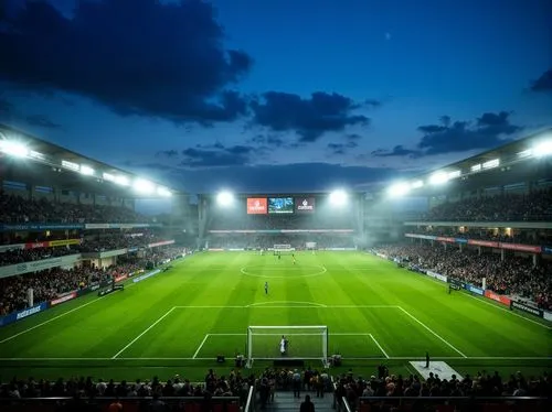 Floodlit soccer stadium, vibrant green grass, evening atmosphere, dramatic shadows, high-intensity LED lights, uniform illumination, 3000K warm white tone, glare-free lighting, spectator seating areas