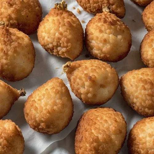 arancini,coconut balls,bánh bao,kourabiedes,coxinha,pandebono,khinkali,cheese puffs,mandazi,cha siu bao,canarian wrinkly potatoes,coconut macaroon,fried fritters,potato patties,panipuri,curry puff,cheese bread,fritters,akashiyaki,amaretti di saronno,Photography,General,Realistic