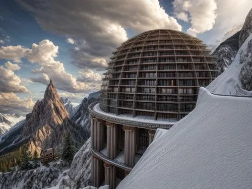 render the building and the mountains. Add some colures.,zugspitze massif,alpine hut,mountain huts,val gardena,mountain hut,berchtesgaden national park,many glacier hotel,snow house,zugspitze,snow she