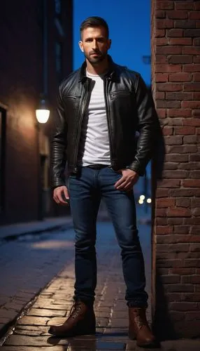 Tony Stork, muscular man, 35yo, strong facial features, short brown hair, blue eyes, small nose ring, black leather jacket, white T-shirt, dark jeans, brown boots, confident pose, leaning against, bri