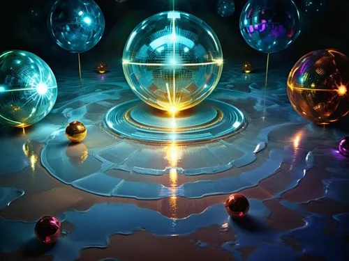 amazing  fractal,some colorful balls and lights on the ground,crystal ball,crystalball,crystal egg,spheres,crystal ball-photography,orb,Illustration,Realistic Fantasy,Realistic Fantasy 38