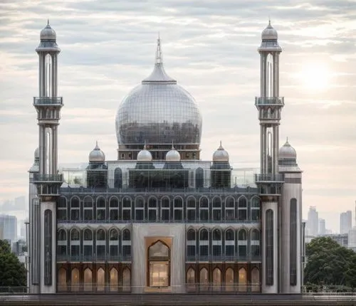 there is a very large building on the water,masjid jamek mosque,big mosque,grand mosque,star mosque,darussalam,masjid,Architecture,General,Futurism,Futuristic 2