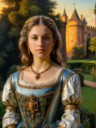 Pittura nello stile di Rembrandt van Rijn: La fiera principessa Barbara Gonzaga di Mantova si trova in un pittoresco giardino. Dietro di lei si trova un modello in miniatura di un fiero castello caval