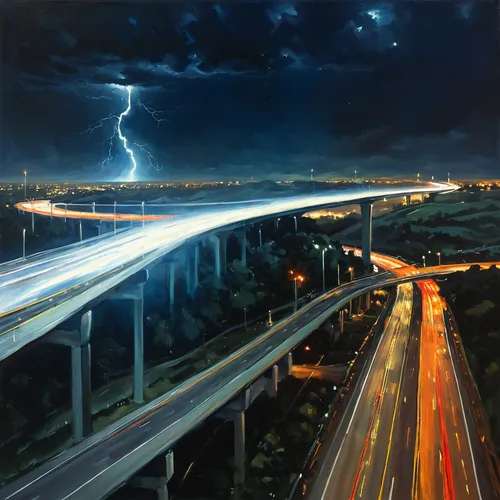 highway lights,night highway,city highway,freeway,light trail,lightning bolt,highway,skyway,expressway,highway bridge,light track,interstate,overpass,light trails,speed of light,lightning storm,high way,gregory highway,light streak,autobahn,Conceptual Art,Fantasy,Fantasy 15