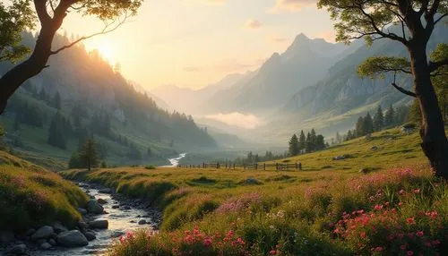 mountain meadow,fantasy landscape,mountain landscape,meadow landscape,beautiful landscape,salt meadow landscape,landscape background,alpine landscape,nature landscape,mountain stream,nature wallpaper,mountain sunrise,mountainous landscape,nature background,mountain scene,natural scenery,landscapes beautiful,landscape nature,mountain valley,the natural scenery,Photography,General,Realistic