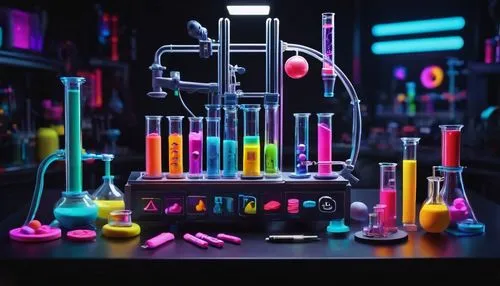 Futuristic laboratory, experiment setup, stable diffusion process, scientific equipment, beakers, test tubes, machinery, metallic surfaces, neon lights, dark background, inverted colors, textual repre