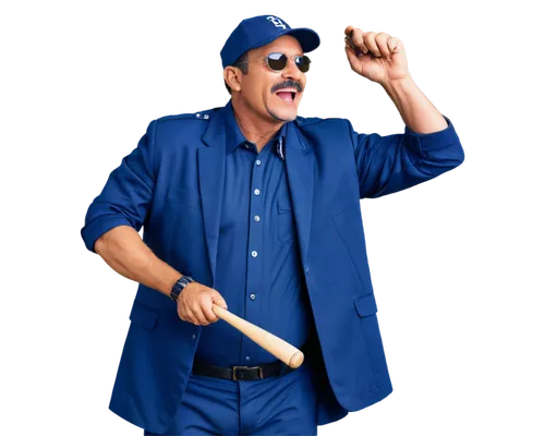 Baseball umpire, middle-aged man, mustache, cap, sunglasses, holding mask, wearing protector gear, blue uniform, standing, dynamic pose, energetic atmosphere, stadium background noise, cheering crowd,