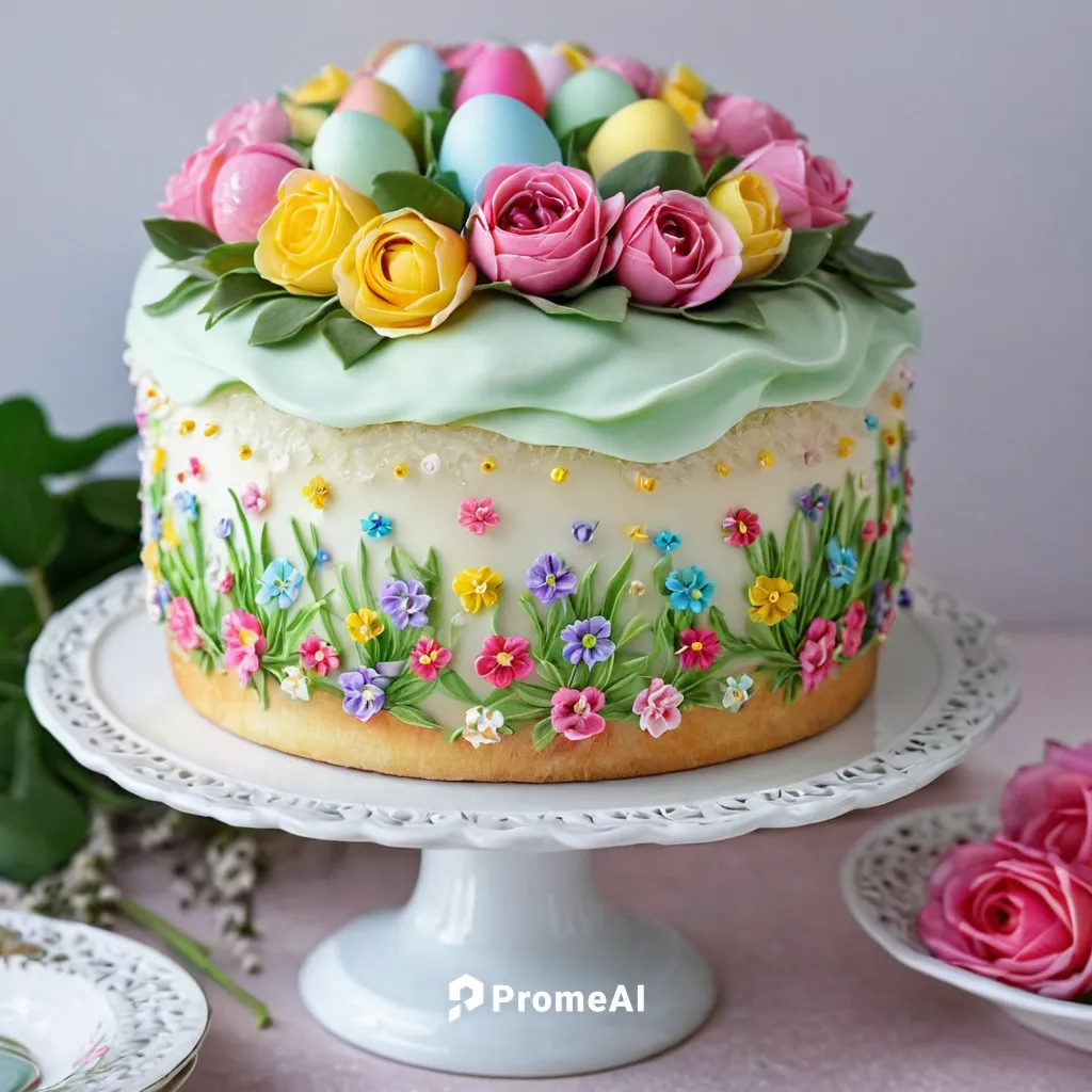 Kulich, a Russian Easter cake with roses and easter egg beautiful design.,easter cake,easter theme,easter pastries,sweetheart cake,cake decorating,easter décor,cassata,buttercream,easter-colors,curran