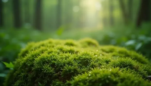 Moss green, vibrant color, natural tone, earthy, serene atmosphere, forest floor, lush foliage, misty morning, soft light, dew drops, delicate texture, gentle composition, peaceful ambiance, 3/4 view,