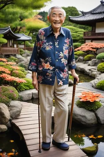 Elderly person, senior citizen, gentle smile, wrinkles, gray hair, walking stick, comfortable clothing, floral shirt, beige pants, soft shoes, villa, residential area, Japanese style garden, tranquil 