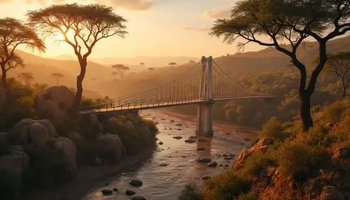 Aerial view, savanna landscape, curved steel bridge, suspension cables, wooden planks, rustic railings, natural stone pillars, majestic trees, Acacia trees, Baobab trees, wildflowers, dry riverbed, sc