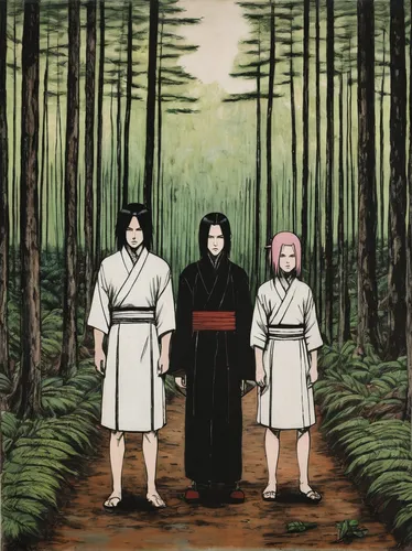 sōjutsu,monks,the three magi,daitō-ryū aiki-jūjutsu,the three wise men,three wise men,holy three kings,kenjutsu,in the forest,three kings,battōjutsu,shinigami,three monkeys,aikido,iaijutsu,pilgrimage,forest walk,jujutsu,holy forest,bamboo forest,Art,Artistic Painting,Artistic Painting 01