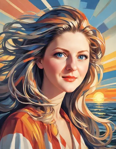 Portrait of a young woman with long flowing hair against the background of a sea sunset in sunny weather. Made in the style of rich oil painting.,girl on the boat,world digital painting,portrait backg